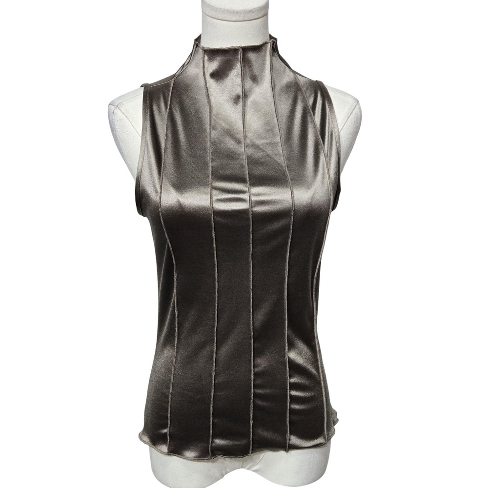 Willow + Root Tank Top‎ Womens Small Brown Satin Mock Neck Stretch Sleeveless